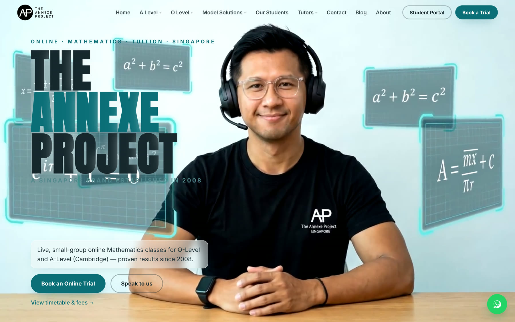The Annexe Project homepage: a tutor on screen surrounded by floating equations