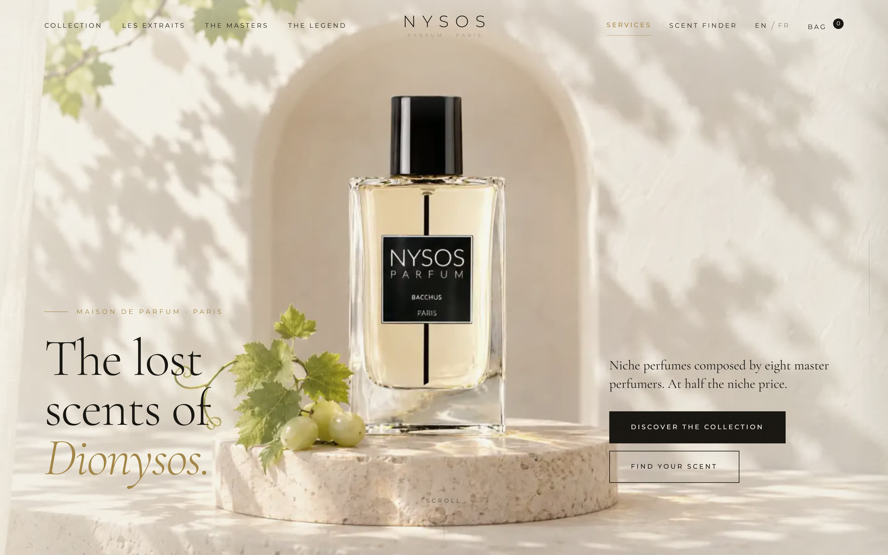 Nysos Parfums site with a perfume bottle in daylight