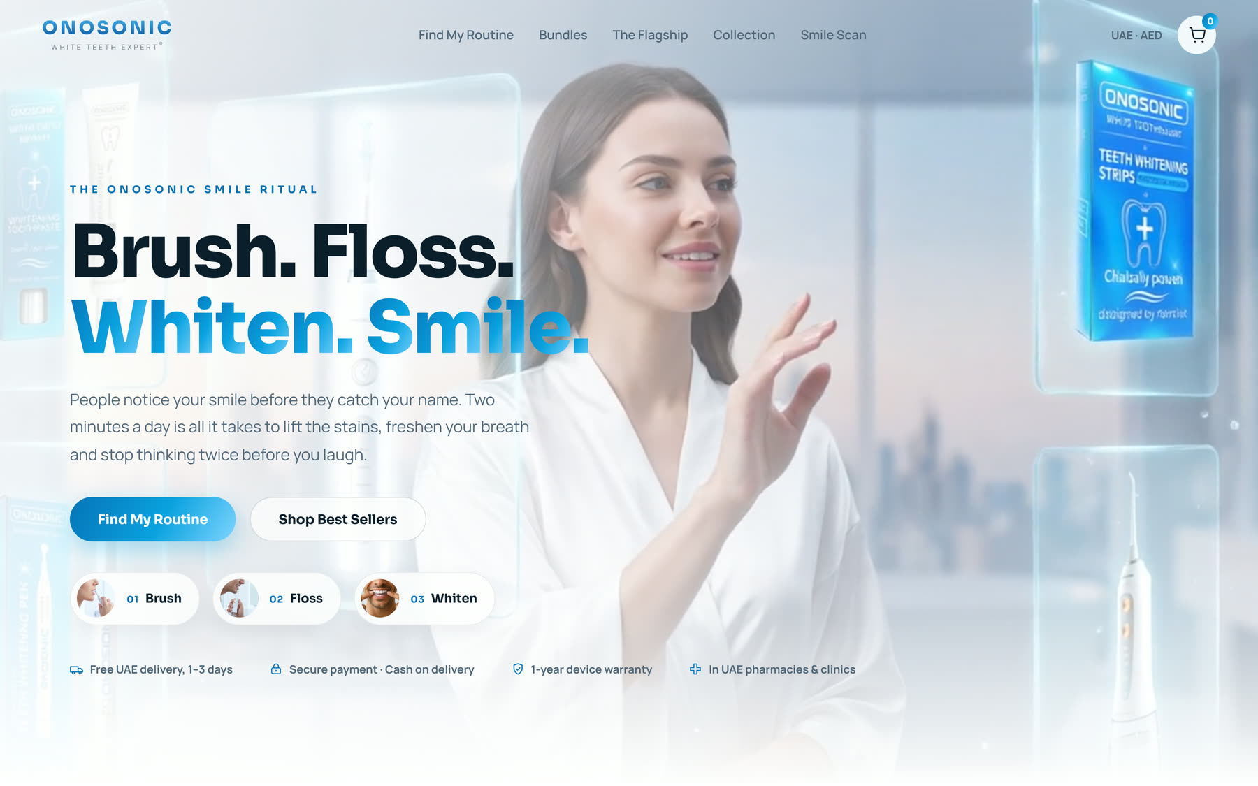 The new ONOSONIC homepage: Brush. Floss. Whiten. Smile. with the three-step routine