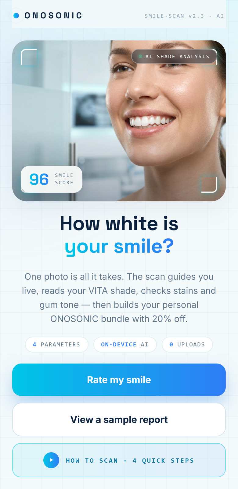 The AI Smile Scan app analysing a smile on a phone