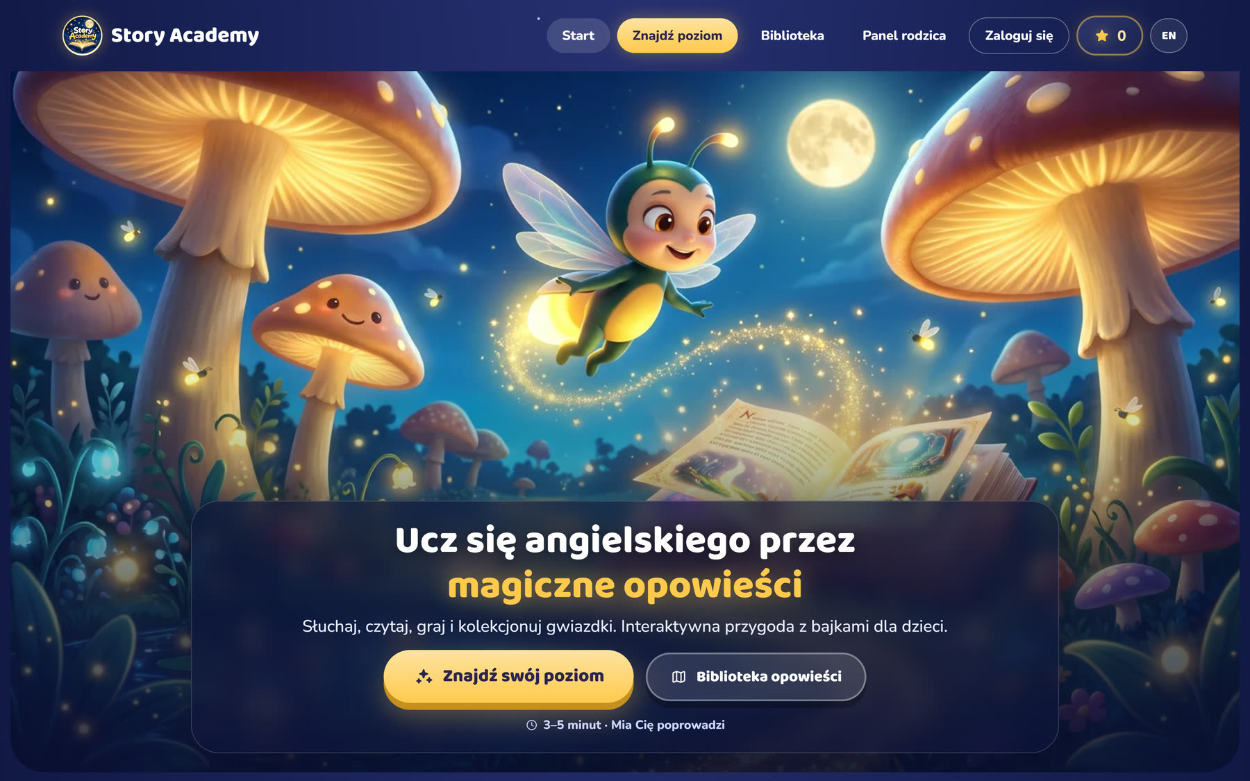 Story Academy homepage, a story-based English learning platform for children