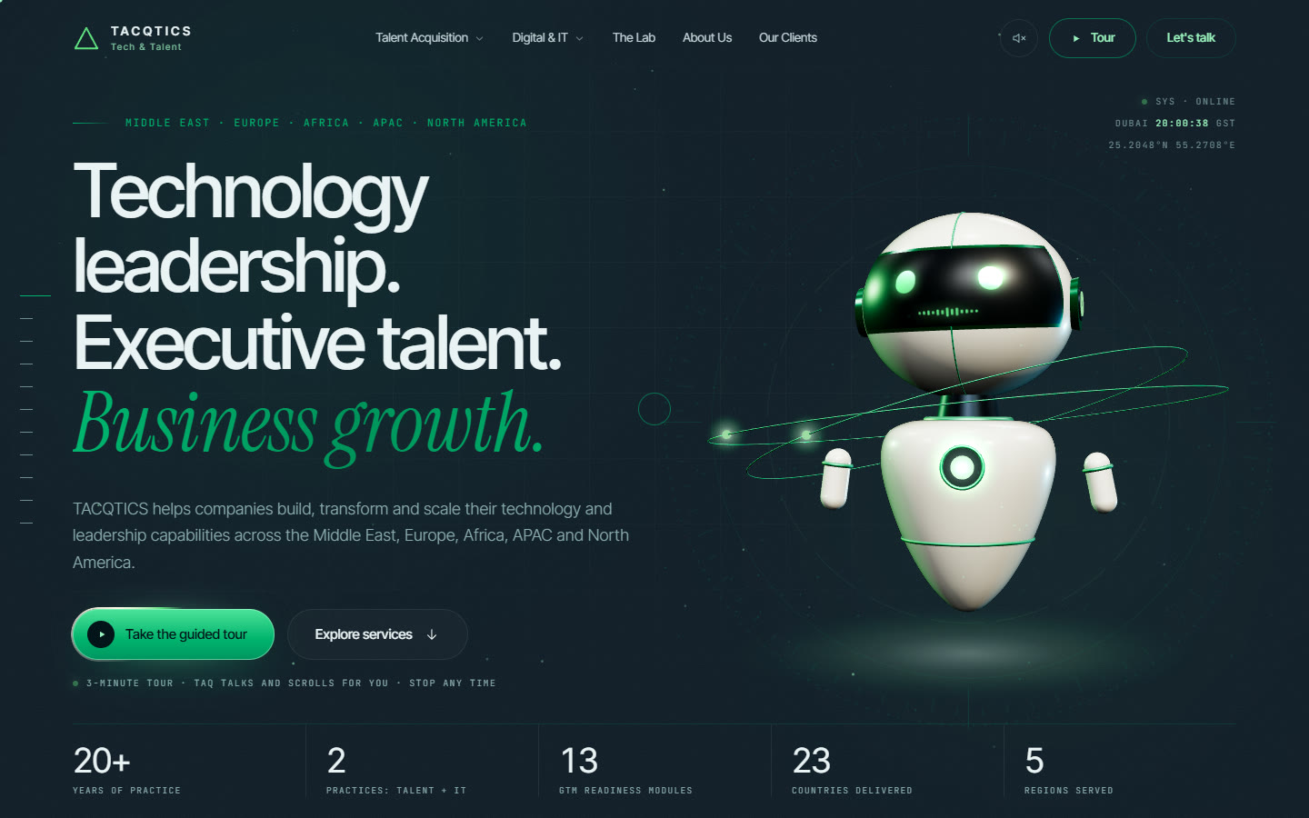TACQTICS homepage: the headline beside TAQ, the 3D robot guide